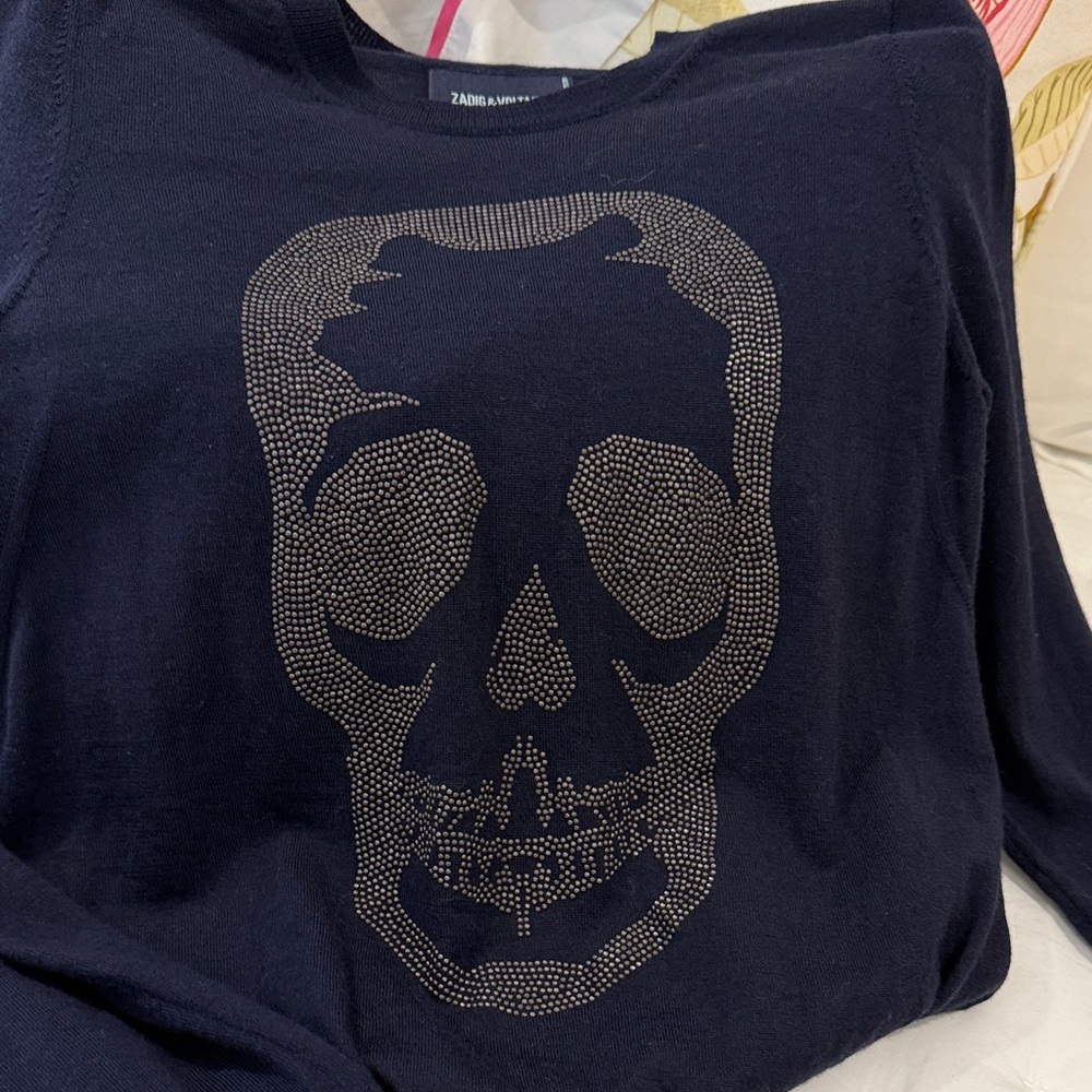 Zadig & Voltaire Navy Crewneck Sweater with Studded Skull